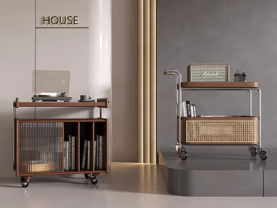 Modern Wooden Side Table With Rattan Storage Metal Wheels And Open Design In Living Room 3d model