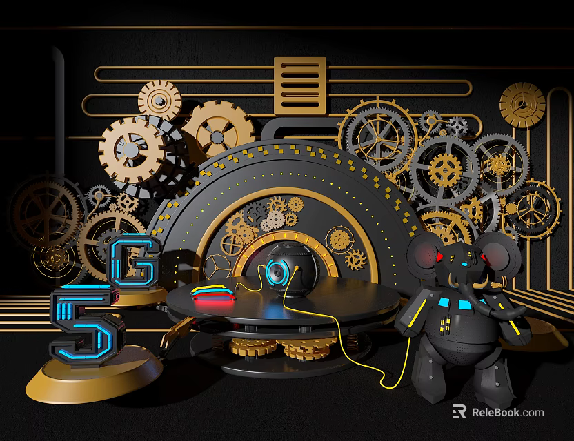 Futuristic Tech Scene With 5G Logo Gears Robot And Console Equipment 3d model 