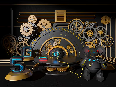 Futuristic Tech Scene With 5G Logo Gears Robot And Console Equipment 3d model