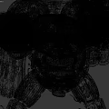 Creepy Yellow Damaged Robot With Blood Stained Body And Worn Parts