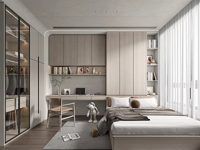 Modern Minimalist Tatami Bedroom With Writing Desk Built in Bookshelves And Floor to Ceiling Windows 3d model