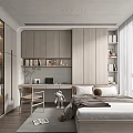 Modern Minimalist Tatami Bedroom With Writing Desk Built in Bookshelves And Floor to Ceiling Windows