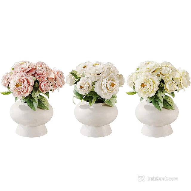 Decorative Ornament Set Featuring White Vases with Pink and White Peonies and Green Leaves 3d model 