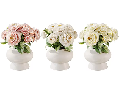 Decorative Ornament Set Featuring White Vases with Pink and White Peonies and Green Leaves 3d model