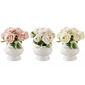 Decorative Ornament Set Featuring White Vases with Pink and White Peonies and Green Leaves