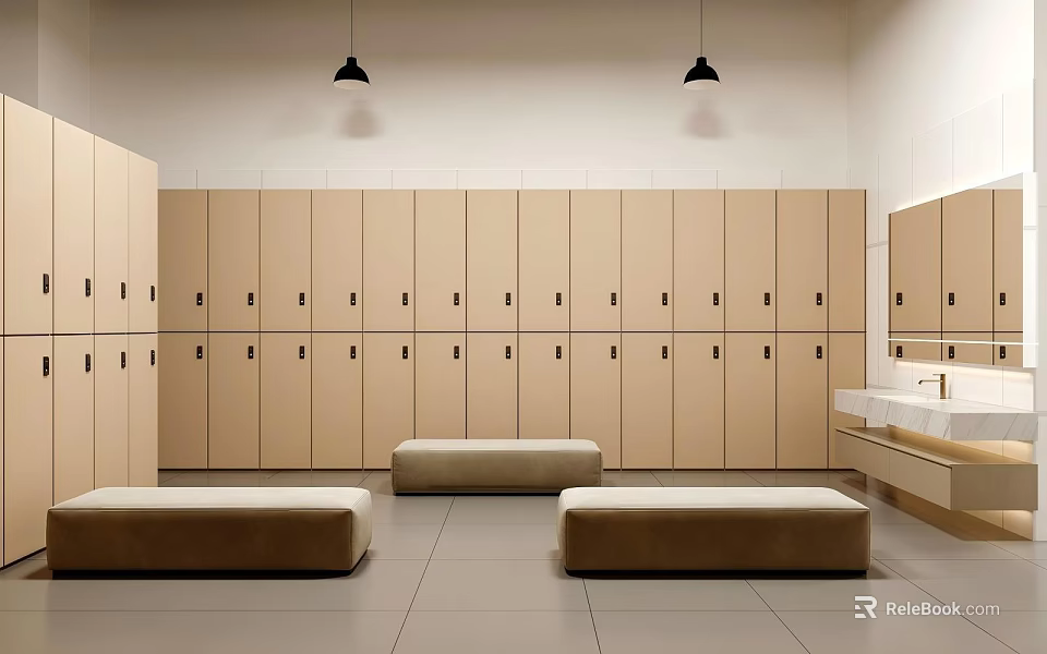 Spacious Modern Locker Room Interior With Wooden Lockers Benches And Washbasin 3d model 