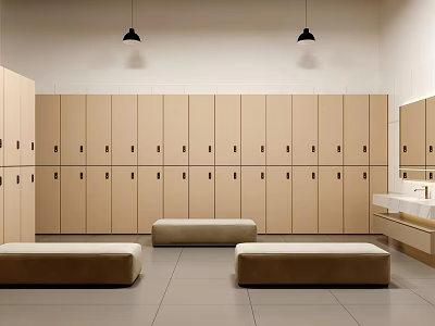 Spacious Modern Locker Room Interior With Wooden Lockers Benches And Washbasin 3d model
