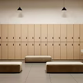Spacious Modern Locker Room Interior With Wooden Lockers Benches And Washbasin
