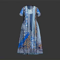 Blue Patchwork Design Dress With Short Sleeves And Various Blue Brown Patterns