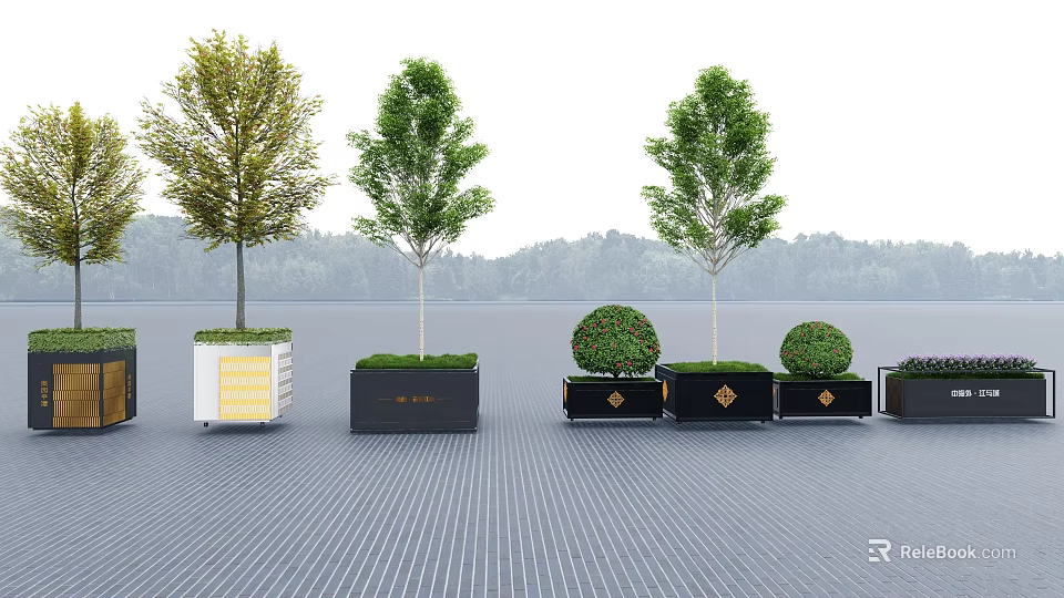 Outdoor Garden Flower Pots In Black White With Trees Shrubs And Decorative Accents 3d model 