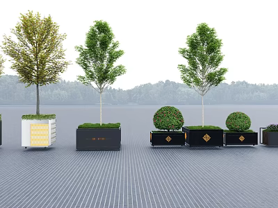 Outdoor Garden Flower Pots In Black White With Trees Shrubs And Decorative Accents 3d model