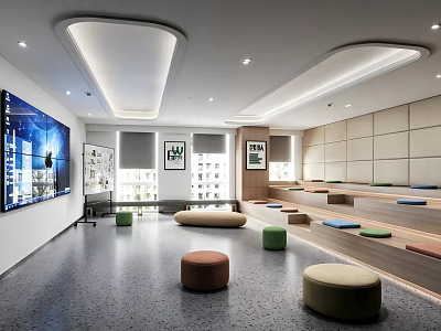 Bright Modern Office Leisure Area With Soft Ottomans Tiered Seats And Large Display Screen 3d model