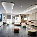 Bright Modern Office Leisure Area With Soft Ottomans Tiered Seats And Large Display Screen