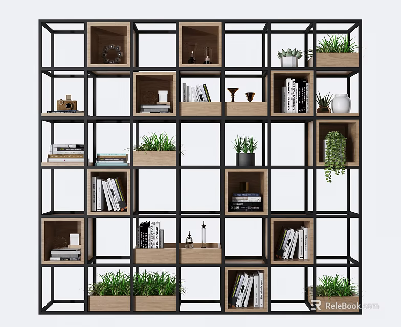 Stylish Bookcase With Black Metal Frame Wooden Compartments And Green Plants Decor 3d model 