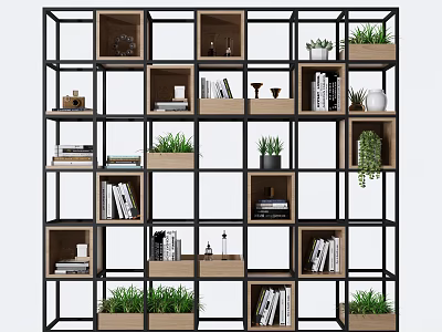 Stylish Bookcase With Black Metal Frame Wooden Compartments And Green Plants Decor 3d model