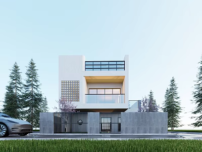 Modern Detached Villa With White Exterior Black Railings Balcony And Green Lawn 3d model
