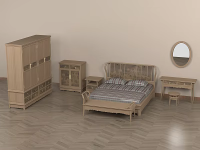 Light Wooden Bedroom Furniture Set With Bed Wardrobe Dresser And Mirror 3d model