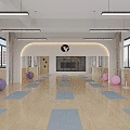 Kindergarten Spacious Activity Room With Wooden Flooring Blue Yoga Mats And Colorful Balls