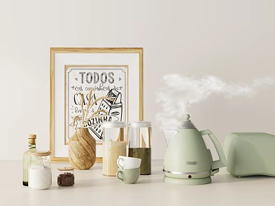 Minimalist Green Kitchenware Featuring Kettle Toaster Glass Jars Mug Steam And Framed Print 3d model