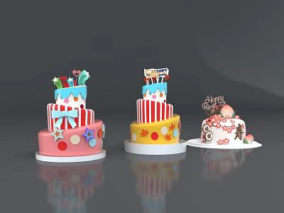 Colorful Cakes With Various Designs And Decorations Like Stars Stripes Flowers 3d model