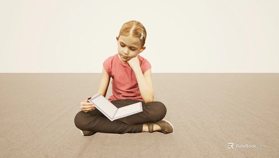 Child Girl Sitting Cross Legged on Floor Reading Book with Pink Shirt and Light Background 3d model 