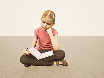 Child Girl Sitting Cross Legged on Floor Reading Book with Pink Shirt and Light Background 3d model