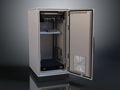 Modern Metal Electronic Equipment Cabinet With Open Door And Internal Shelf 3d model