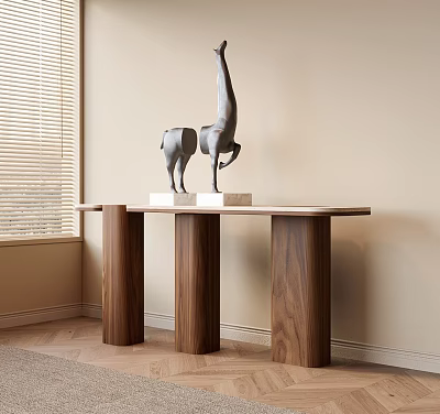 Wooden Console Table With Three Pillar Base Two Gray Giraffe Sculptures Against Beige Walls 3d model