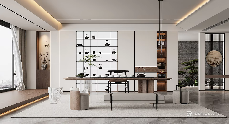 Modern Tea Room Interior Design With Long Table Tea Sets Grid Window And Green Plants 3d model