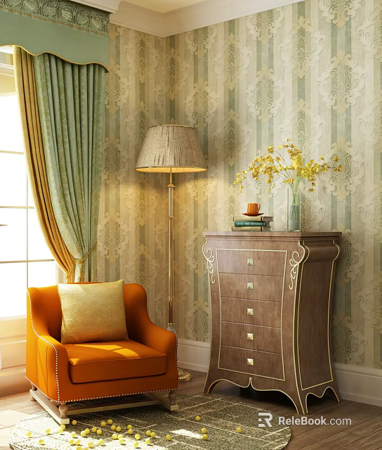 Elegant Wooden Sideboard Cabinet With Drawers And Vase In Living Room 3d model 
