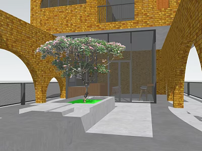 Modern Architectural Brick Exterior With Arched Design Courtyard Tree Glass Entrance 3d model