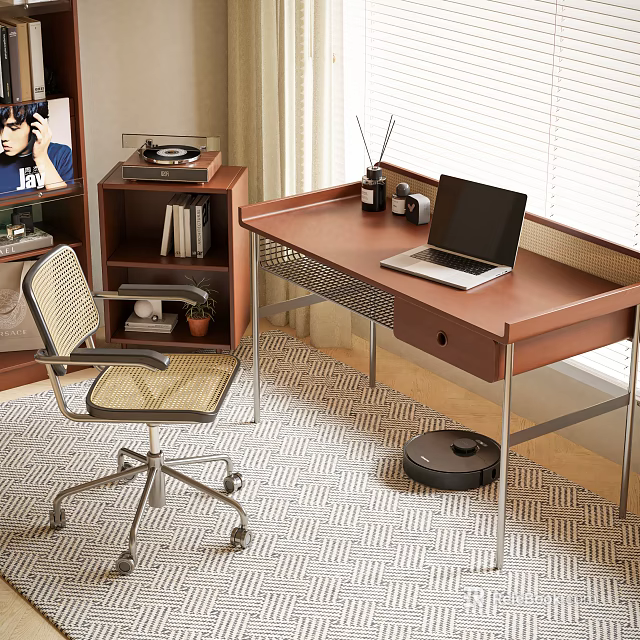 Wooden Desk With Laptop Pen Holder And Ergonomic Chair Near Bookshelf On Patterned Rug 3d model 