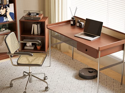 Wooden Desk With Laptop Pen Holder And Ergonomic Chair Near Bookshelf On Patterned Rug 3d model
