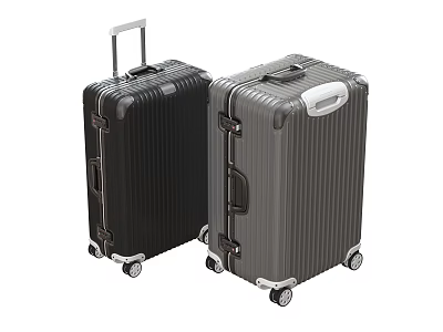 Two Black And Gray Striped Hard Shell Suitcases With Telescopic Handle And Wheels 3d model