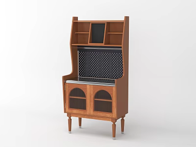 Brown Wooden Sideboard with Open Shelves Middle Polka Dot Panel and Arched Glass Doors 3d model