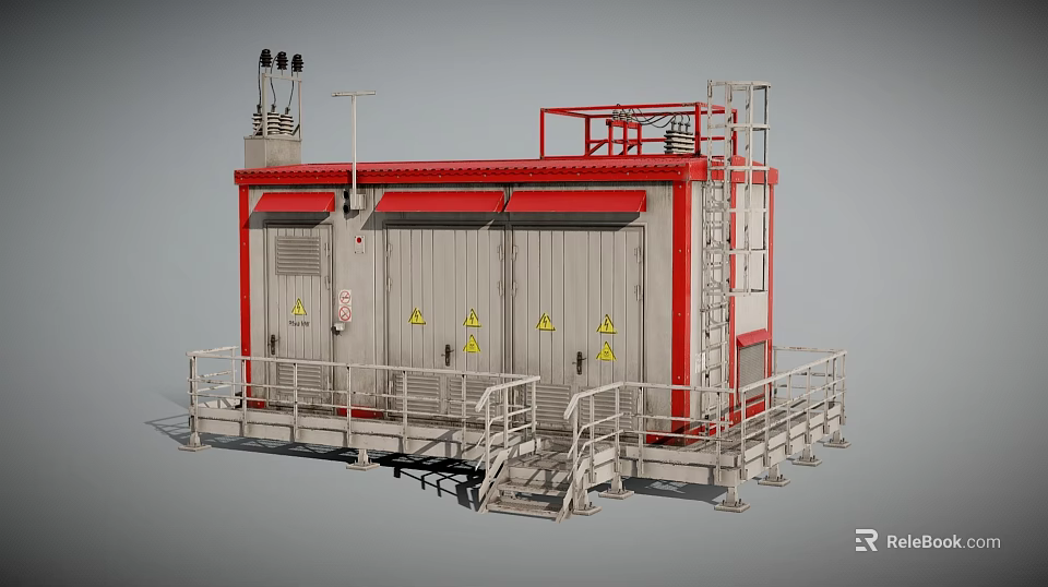 Industrial Equipment Unit With Red Frame White Body Warning Signs Metal Railings And Stairs 3d model 