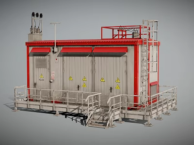 Industrial Equipment Unit With Red Frame White Body Warning Signs Metal Railings And Stairs 3d model