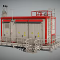 Industrial Equipment Unit With Red Frame White Body Warning Signs Metal Railings And Stairs