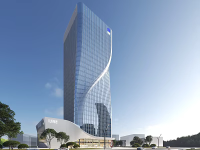 Modern Tall Office Building With Glass Curtain Wall Blue Sky And Green Plants Around 3d model