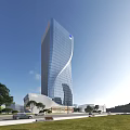 Modern Tall Office Building With Glass Curtain Wall Blue Sky And Green Plants Around