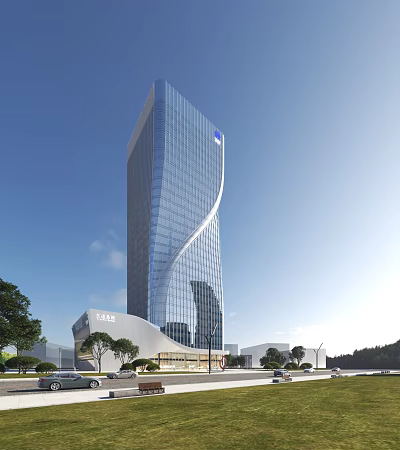 Modern Tall Office Building With Glass Curtain Wall Blue Sky And Green Plants Around 3d model