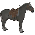 Black Horse With Leather Saddle And Traditional Riding Harness Equipment