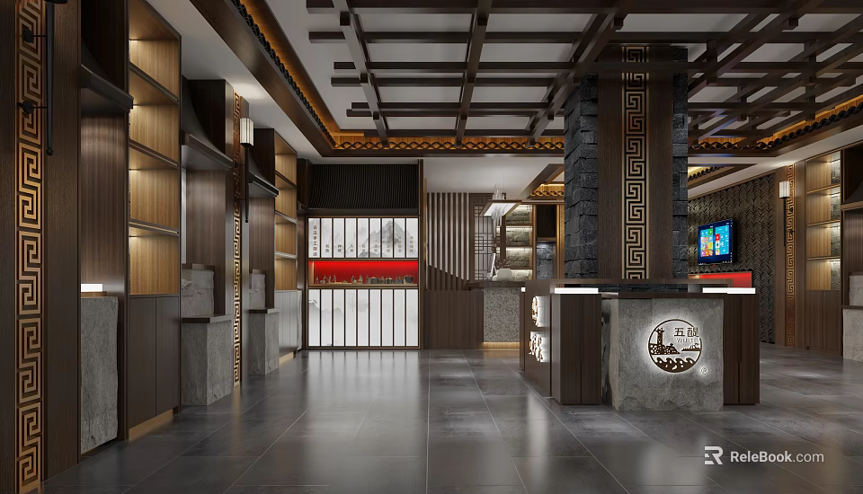 Traditional Chinese Style Lobby Interior With Wooden Decor Stone Elements And Reception Desk 3d model 