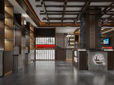 Traditional Chinese Style Lobby Interior With Wooden Decor Stone Elements And Reception Desk 3d model