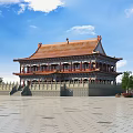 Traditional Chinese Ancient Architecture With Two Story Yellow Tiled Roof Red Doors Windows And Spacious Square