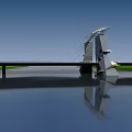 Modern Arched Bridge Structure With Steel Cables Lattice Roof And Water View