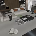 Modern Beige Sectional Sofa And Black Coffee Table Set With Marble Top Bookshelf Floor Lamp Plant And Area Rug