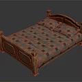 Classic Wooden Bed With Carved Frame And Checkered Bedspread And Pillows