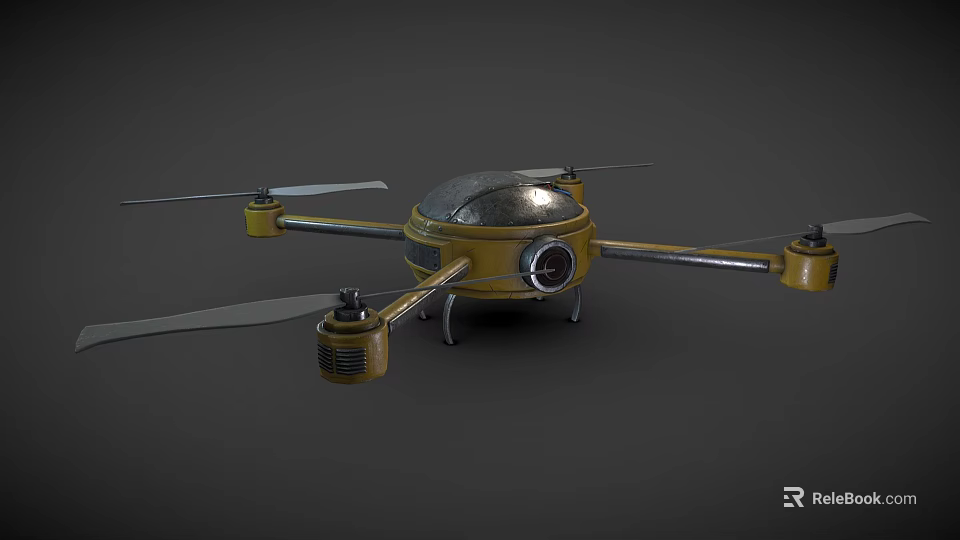 Yellow Drone With Four Propellers Transparent Dome Camera Metallic Body And Landing Gear 3d model 