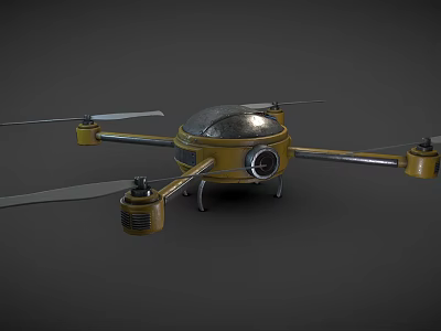 Yellow Drone With Four Propellers Transparent Dome Camera Metallic Body And Landing Gear 3d model